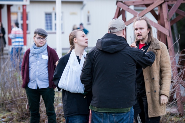 From the larp Hilat hisar. The pacifists and more militant foreign activists are having a physical disagreement about throwing rocks at the enemy soldiers. Ingame. Photo: Tuomas Puikkonen (CC-BY 2.0)